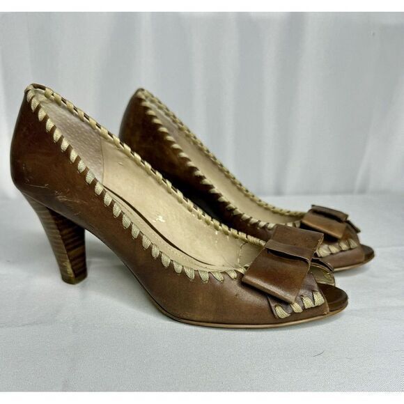 Franco Sarto Shoes - Franco‎ Sarto Light Brown Leather Slip On Peep Toe Flat Bow Flicker Heels US 6.5